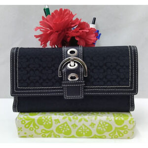 Coach Signature Black Canvas Leather Trim Credit Card Checkbook Trifold Wallet